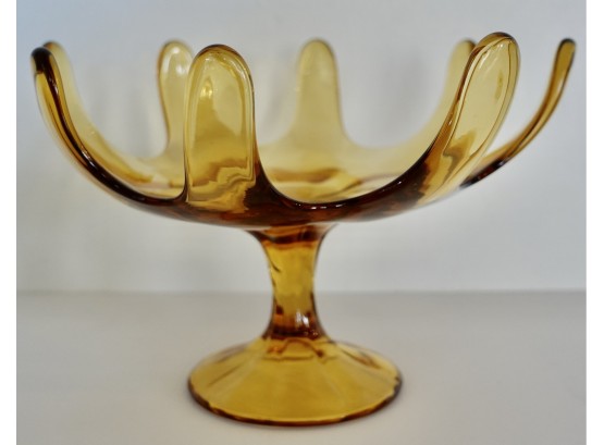 Mid Century Amber Swung Glass Dish On Pedestal