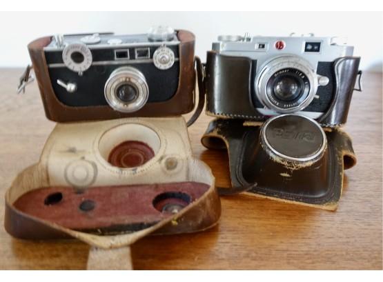 Vintage Petri Kuribayashi & Argus Cameras In Leather Cases