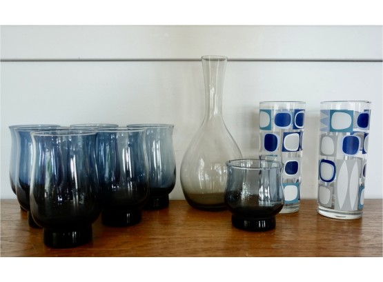 Vintage Glassware And Decanter In Blues And Grays