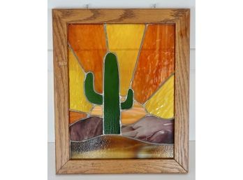 Beautiful Framed Stained Glass Piece With Desert Sunset