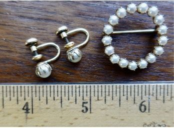 Vintage Asashi Shoton Of Tokyo, Japan Faux Pearl Pin And 14K Gold Filled Screw Back Earrings