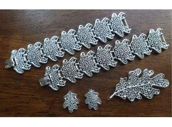 Sarah Coventry 1965 'Frosted Leaves' Brooch, Earrings, & 2 Bracelets