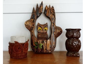Wood Owl Wall Hanging, Mug, & Cream Pitcher