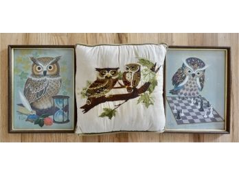 2 Vintage Owl Prints & Owl Crewel Pillow