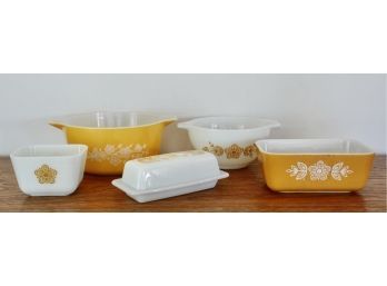 Assorted Vintage Pyrex Butterfly Gold Including Butter Dish