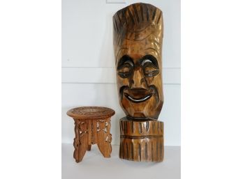 Cool Carved Wood Mask & Carved Stand With Folding Base