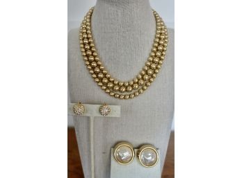 Sarah Coventry 1964 'Golden Wardrobe' Three Strand Necklace, Earrings, & Swarovski Earrings
