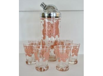 Awesome Vintage Cocktail Shaker And Glasses With Pink Elephants
