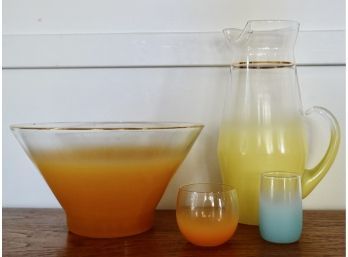 Vintage Blendo Pieces Including Pitcher, Glasses, And Large Bowl
