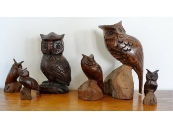Collection Of Carved Wood Owls