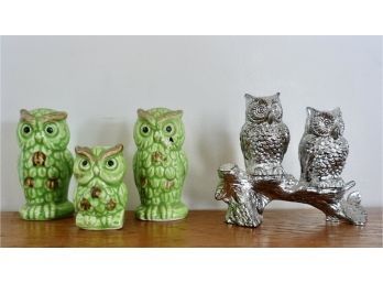 Owl Shaker Sets, One With Toothpick Holder