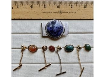Vintage Tie Clasps And Money Clip With Stones