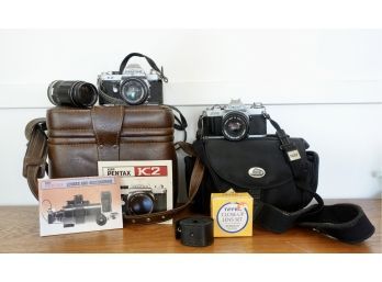 Vintage Pentax K2 & Canon AV-1 SLR Cameras With Cases And Miranda Lens