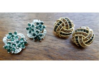 2 Pairs Of Gorgeous Mid Century Lisner Clip On Earrings With Green, Clear, & Earthtone Rhinestones