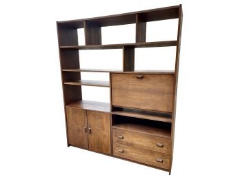 Stunning Walnut Mid Century Wall Divider With Drawers, Drop Front Bar, And Cabinet