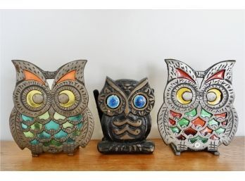 2 Owl Napkin Holders And A Candle Holder