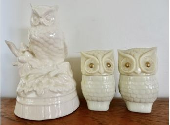 2 Avon Owl Milk Glass Cream Bottles, A Soap Dish, And White Figurine