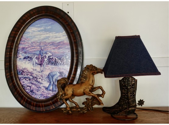 Western Decor Including Lamp, Print, And Universal Chalkware Wall Art