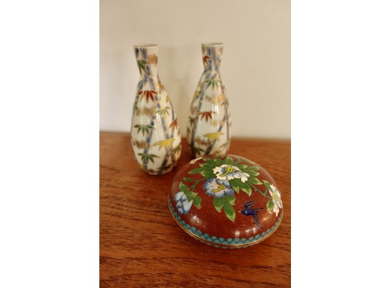 Cloissone Trinket Box & Bud Vases With Bamboo Motif