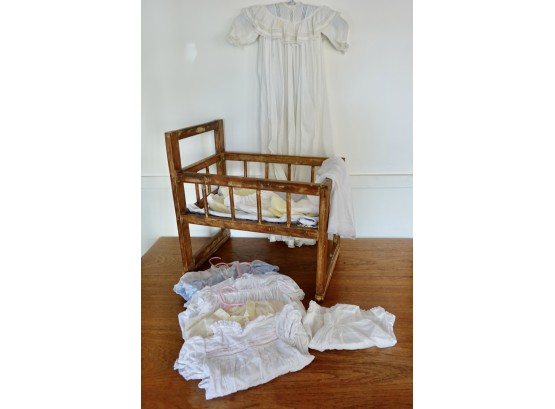 Vintage Wood Doll Crib, Baby Clothes, & Antique Christening Gown