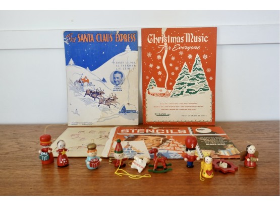 Vintage Christmas Painted Wood Ornaments, Music, And Stencils