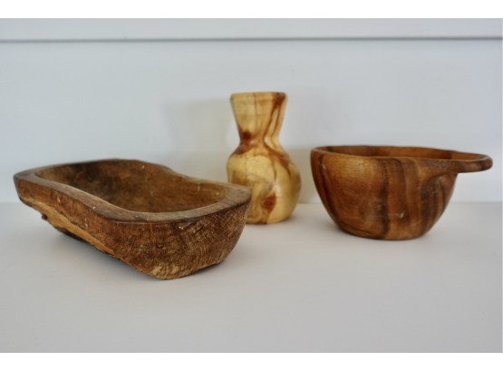 3 Carved Wood Vessels