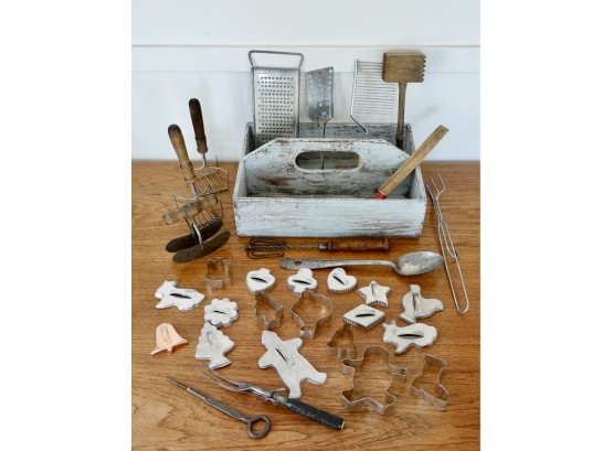 Assorted Kitchen Items In Distressed Box Including Cookie Cutters