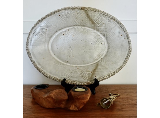 Handmade Ceramic Platter, Wood Candle Holder, & Vintage Brass Corkscrew