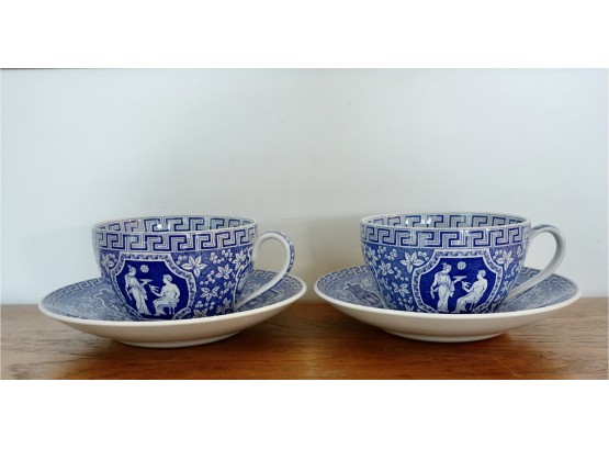 Vintage Spode Blue Room Collection Jumbo Cups And Saucers, Greek