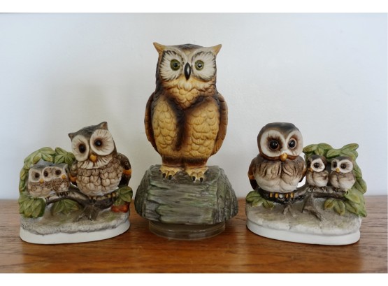 2 Vintage Homco Owl Figurines And An Owl Music Box