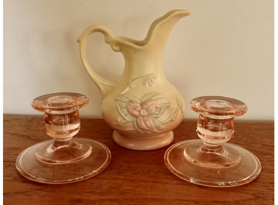 Antique Hull Pitcher With Pink Depression Glass Candle Holders