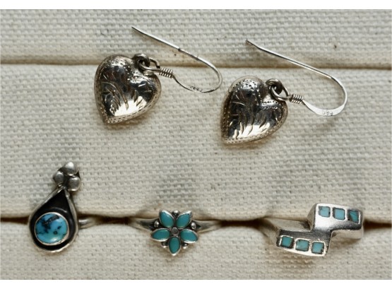 3 Vintage Sterling & Turquoise Rings With Stering Earrings