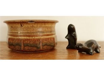 Vintage Glazed Ceramic Bowl And Soapstone Animals