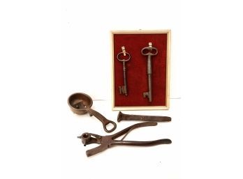 Antique Metal Keys, Railroad Pin, & More