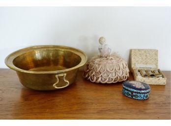 Antique Hammered Brass Bowl, Thimbles, Cloissone, & More