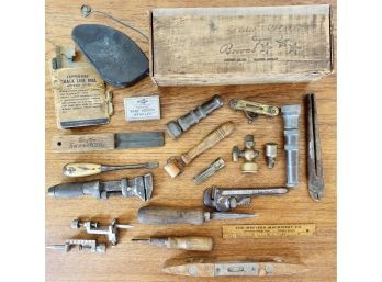 Antique & Vintage Tools And Fittings In Old Wood Box
