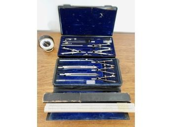 2 Vintage Dietzgen Drafting Tool Kits, Slide Ruler, & Vintage Clock