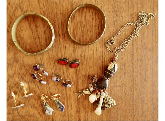 Glass & Enamel Clip Earrings With Heavy Brass Finish Bracelets & Tribal Charm Necklace