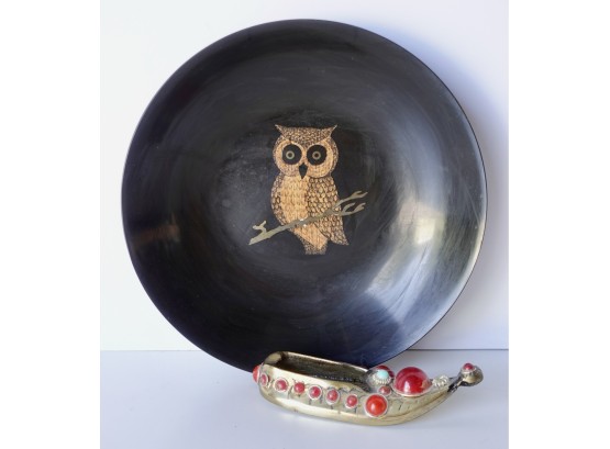 Vintage Owl Plate And Turkish Brass Shoe Ashtray