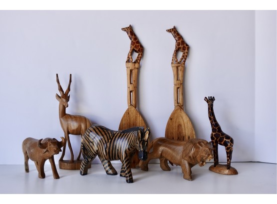 Carved African Animal Figurines And Serving Utensils
