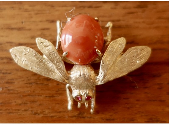 14K Gold And Coral Bee Pin From Gump's San Francisco