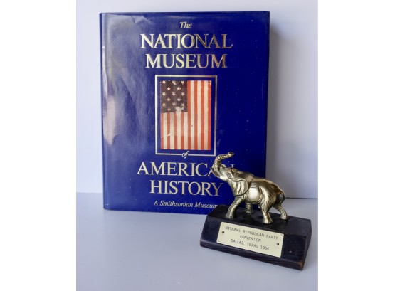Vintage Brass Republican Elephant And Smithosonian Museum Of American History Book
