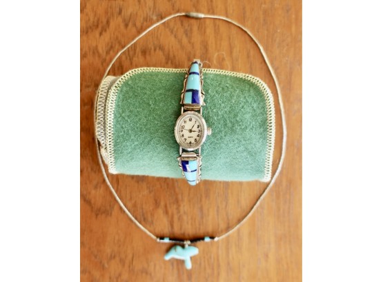 Inlay Turquoise Watch Band And Delicate Native Style Necklace