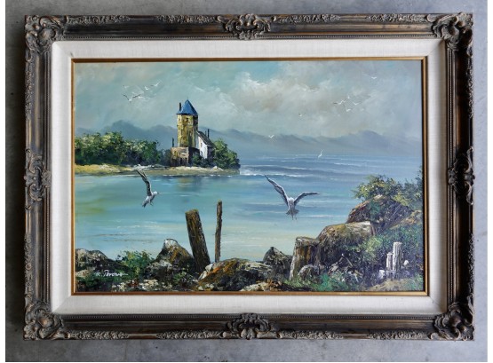 Mid Century Signed Oil Painting Of Bucolic Ocean Scene