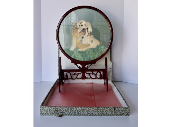 Vintage Asian Needlework Of Dog On Stand With Box