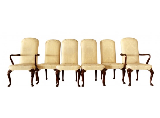 6 Gorgeous Queen Anne Style Dining Chairs With Yellow Damask Upholstery In Very Good Shape