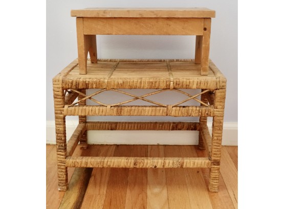 Cute Rattan Side Table And Small Wood Stool