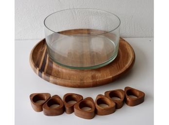 Modern Glass Bowl, Wood Lazy Susan, And Teak Napkin Holders