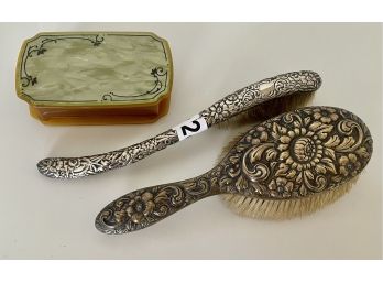 Sterling Silver Handled Vintage Brushes & Lucite Box
