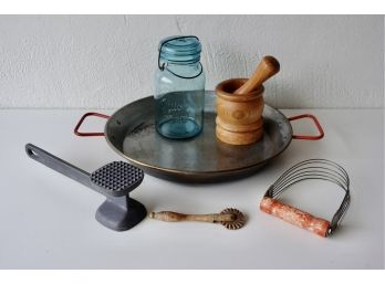 Vintage And Wood Kitchen  Including Paella Pan, Ball Jar, And Wood Mortar And Pestle